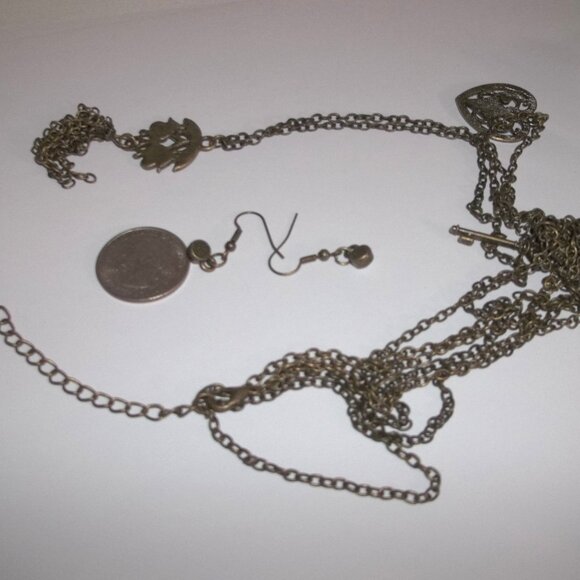 Bronze White Rhinestone Triple Layered Necklace Earring Key Heart Flower D186 - Picture 4 of 7